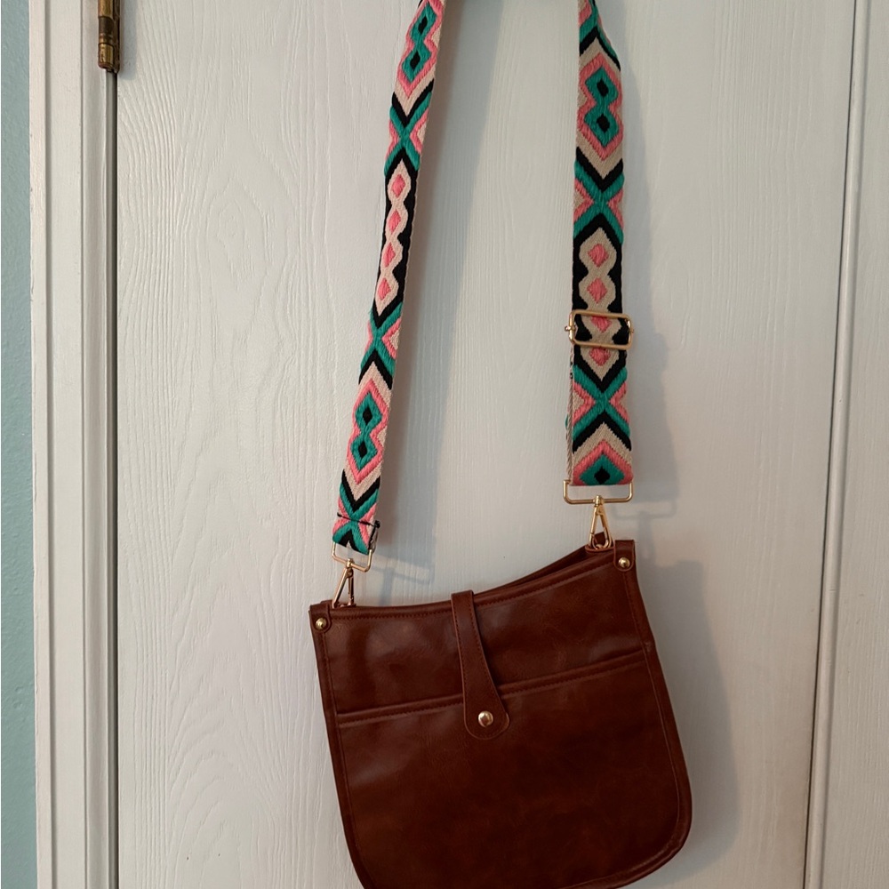 Brown and Pink Crossbody Bag with Geometric Strap